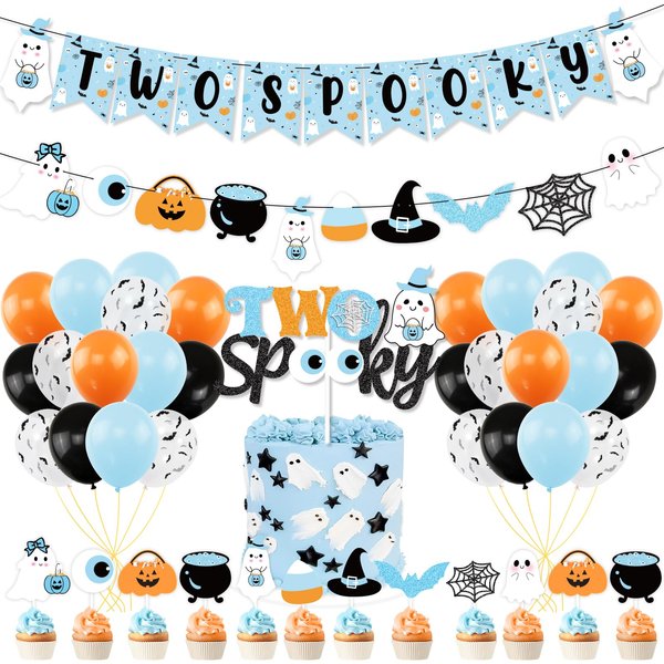 Boys Halloween 2nd Birthday Decorations, Blue Halloween Two Spooky Banner Cute Cauldron Eyeball Cake Topper Balloons for Ghost Theme Kids Second Birthday Party Boo I'm Two Happy Boo Day Party Supplies
