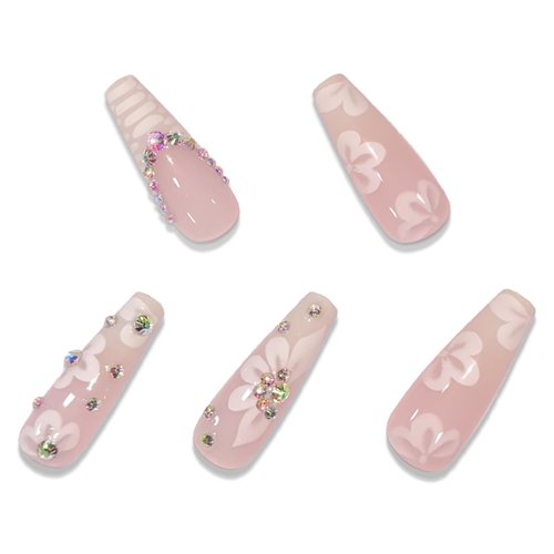 BABALAL Coffin Press on Nails Long Fake Nails White French Tip Glue on Nails Rhinestone Flower Acrylic Nails Ballerina Stick on Nails for Women and Girls