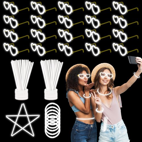 YOFOBU 100PCS White Glow Sticks Party Favors with 20PCS Glow Glasses(For 60 Glow Bracelets&20 Heart Glasses),Glow In The Dark Party Supplies Neon Party Decor for Christmas New Year Valentine's Day