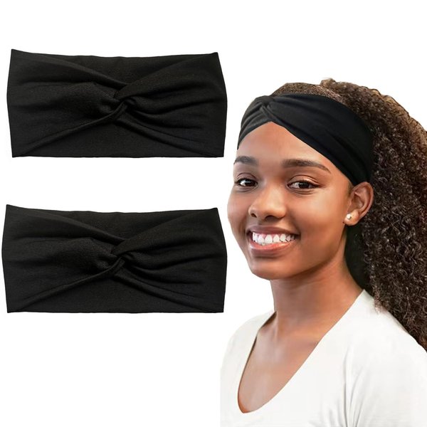 Hjiaruiky 2Pcs Turban Headbands for Women Boho Stretchy Fashion Headbands Fabric Twist Knotted Cloth Cute Thick Headband Head Wraps for Womens Girls Black