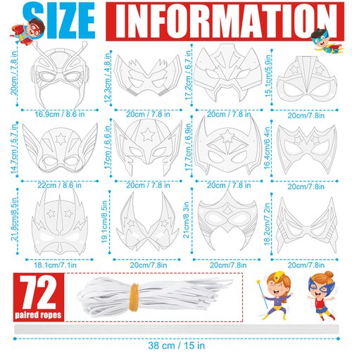 Sosation 72 Pcs Color Your Own Hero Masks Craft DIY Hero Paper Mask Blank Masks to Decorate Your Own Eye Mask with Ropes Party Favors Decorations Class Home Activity Coloring Game, 12 Styles