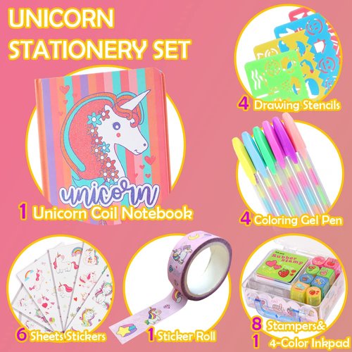 YOYTOO Unicorn Diary for Girls, Unicorn Stationery Set, Notebook, Pen, Stickers, Mini Stamps Set, Drawing Stencils, Unicorn Journal Gift for Drawing Writing for Girls Kids Ages 4-12