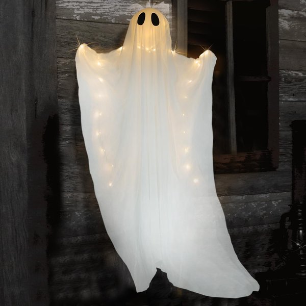 Hanging Light up Ghost Halloween Decor, 61” Flying Ghost with Warm White Lights for Outdoor, Porch, Garden, Yard Holiday Decorations