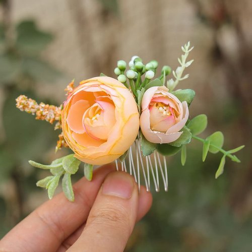 Fangsen Boho Silver Wedding Orange Rose Flower Hair Comb Floral Bridal Hair Accessory for Women and Girls