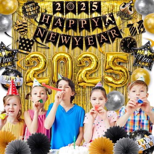 LOLStar New Years Eve Party Supplies 2025 Happy New Year Decorations Kit of 29pcs Decors Includes Banner, Hanging Swirls, 2025, Paper fans, Balloons, and Fringe Curtains Accessories for Kids Adults