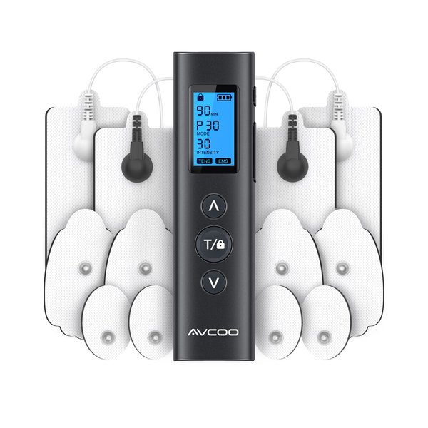 AVCOO 30 Modes TENS EMS Unit Compact Muscle Stimulator for Pain Relief, Rechargeable & Portable Dual Channel EMS Muscle Stimulator with 30 Intensity Levels and 12 Electrode Tens Unit Replacement Pads