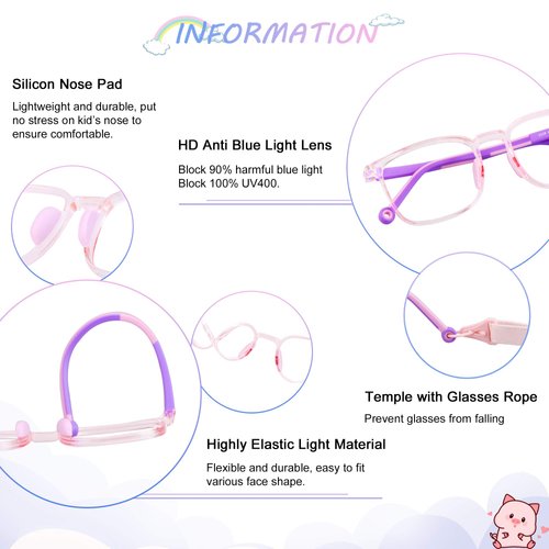 LAMBBAA 2 Pack Kids Blue Light Blocking Glasses, Computer Glasses with Rope, Anti Blurry and Eyestrain, Cut UV400 Anti Glare for Children Age 3-12 (Black Red, Clear Pink)