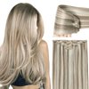 Ash Brown Highlights Platinum Blonde Clip in Real Human Hair Extensions for Women 22 Inch Remy Brazilian Clip on Human Hair Natural Straight Clip ins Hair Invisible Double Weft 60G 5 PCS