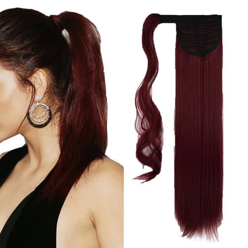iLUU Long Straight Wrap Around Ponytail Extension 100g One Piece Clip in Synthetic Hair Extensions 24" Darken Red Synthetic Hairpieces Ponytail for Women (118# - Dark Red)
