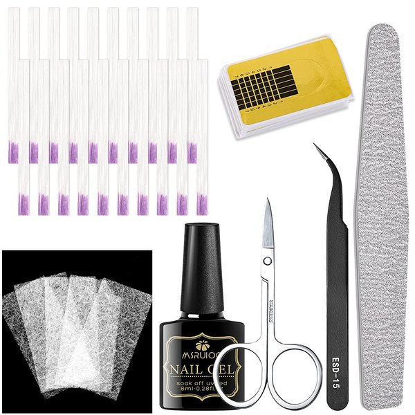 Fiberglass Nail Extension Gel Kit Gel Nail Builder Extension Fiber Nail Kit with Magical Silk Fiberglass, Quick Building Gel, Nail File, Tweezers, Scissors, Nail forms for Gel Extension Nail Art
