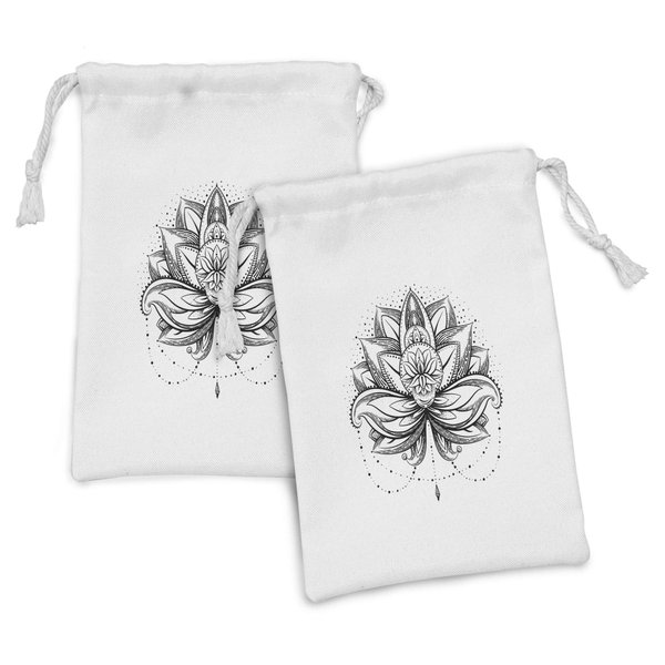 Ambesonne Lotus Fabric Pouch Set of 2, Tattoo Style Petal Dots Shadow Ornamental Ethnic Monochrome Form, Small Drawstring Bag for Toiletries Masks and Favors, 9" x 6", Seal Brown White