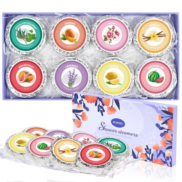 Bumodel Shower Steamers Aromatherapy 8Pack Organic Shower Bath Bombs for Women Mom and men Shower Tablets with Natural Essential Oils for Home SPA Self Care Relaxation Gifts for Birthday,Christmas Day