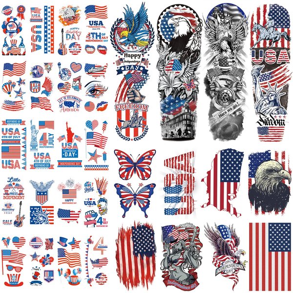 CUTELIILI Independence Day Temporary Tattoo,4th of July Sleeve Tattoo, American Flag Fake Tattoos,Red White and Blue Party Supplies,USA Flag, Memorial Day, Labor Day