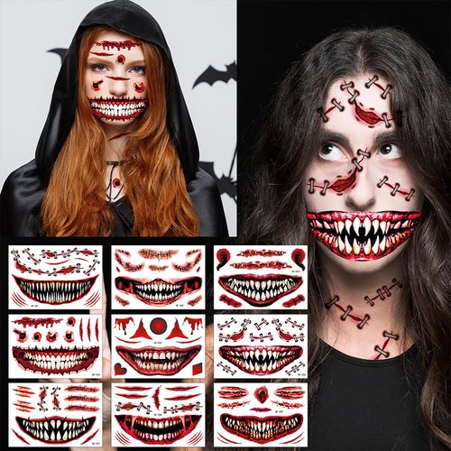 Halloween Temporary Tattoos Horror Clown Mouth Halloween Tattoo Stickers Prank Makeup Temporary Tattoo Scary Scars Fake Tattoos Realistic Tattoos for Halloween Cosplay Party DIY Decorations Supplies