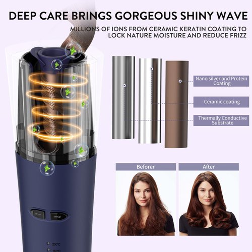 Auto Hair Iron, Cordless Auto Hair Curler Rotating Automatic Curling Iron with 3 Temps Portable Rechargeable Barrel Hair Wave Wand Fast Heating Spin Curling Irons for Styling (Blue)