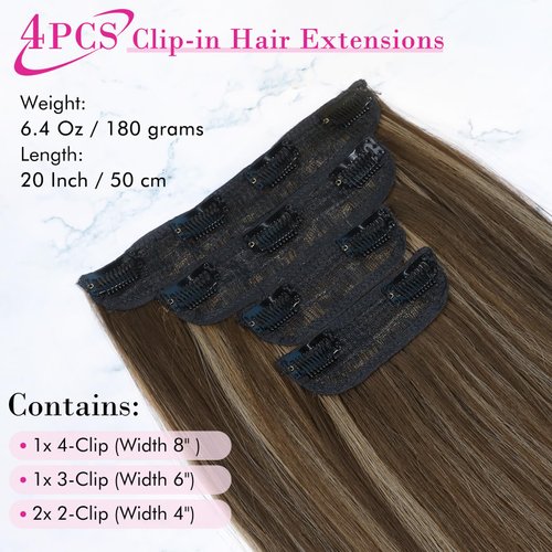 REECHO 20" Straight Long 4 PCS Set Thick Clip in on Hair Extensions Chocolate Brown with Highlights