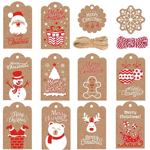 120PCS Christmas Gift Tags Brown Kraft Paper Christmas Gift Tags Hanging Name Tags Labels with Twine String for Christmas Gift Wrap, DIY Arts and Crafts, Wedding