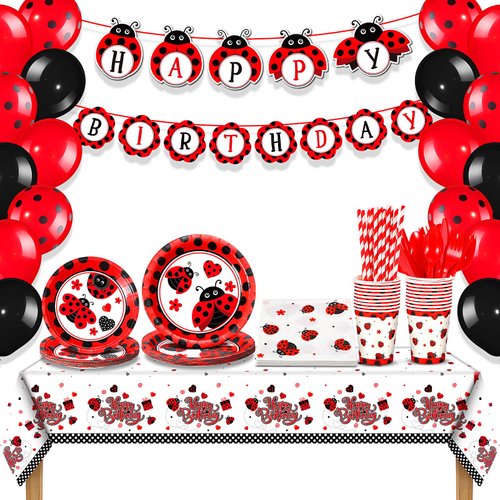 Sumind 200 Pcs Ladybug Party Supplies Ladybug Balloons Ladybug Party Tableware Happy Birthday Banner Dots Tablecloth Cups Straws Napkins for Kids Adults Birthday Decorations (Multicolor,54 x 108 Inch)