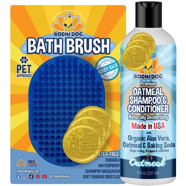 Bodhi Dog Shampoo Brush | Pet Shower & Bath Supplies for Cats & Dogs | Dog Bath Brush for Dog Grooming | Long & Short Hair Dog Scrubber for Bath | Quality Dog Wash Brush (Shampoo Bundle, Blue)