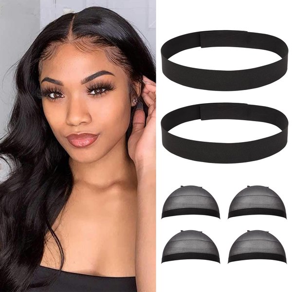 Elastic Bands for Wig 2pcs 3.5cm Edges Bands Lace Melting Band Wig Band for Edges with 4PCS Wig Caps, 60cm Flexible Grip Headband Laying Band Adjustable Ends for Baby Hair Closure