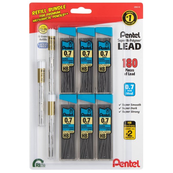 Pentel Eraser and Lead Refill Pack for Mechanical Pencils - Super Hi-polymer Value Pack - 0.7mm 6 Pack of 30 Pieces – Pack of White Refills 3 Packs of 4 Erasers Each