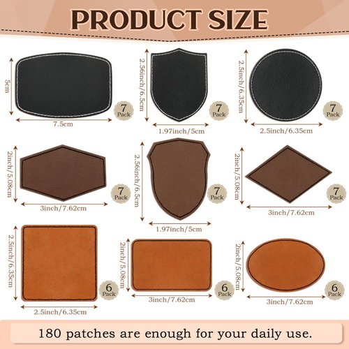 Yunlly 180 Pcs Rustic Leather Patches for Hats with Adhesive Heat Laser Engraving Blanks Patch Faux Leatherette Blank Patches for Embroidery Sew Clothing Jackets Backpack Fabric (Black, Brown, Khaki)