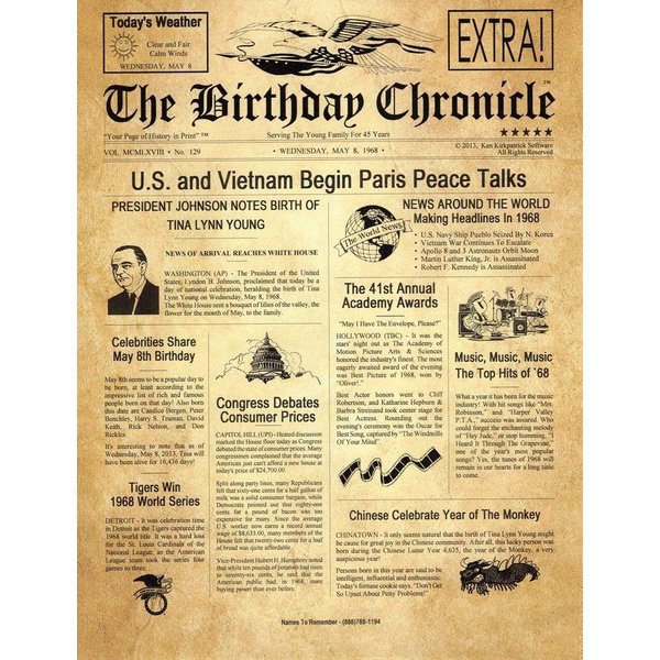 The BIRTHDAY CHRONICLE "What Happened on the Month/YEAR You Were Born?" Birthdates From 01/01/1900 TO 12/31/2016 (Letter Size 8.5 inches X 11 inches Old Parchment Art Background)