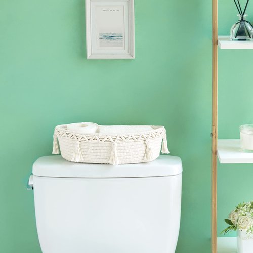 Mkono Small Boho Decor Basket for Bathroom Macrame Cotton Rope Woven Toilet Tank Top Storage Back of Toilet Organizer Tray for Counter Shelf Table Bedroom Living Room Nursery, Ivory, 1 Pack