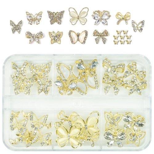 qiipii 32 Pcs Butterfly Nail Charms Gold Butterflies Charms for Nails Bow Nail Crystals Diamonds Rhinestones 3D Alloy Luxury Nail Gems Cute Nail Art Supplies for Acrylic Nails Decoration Crafts DIY