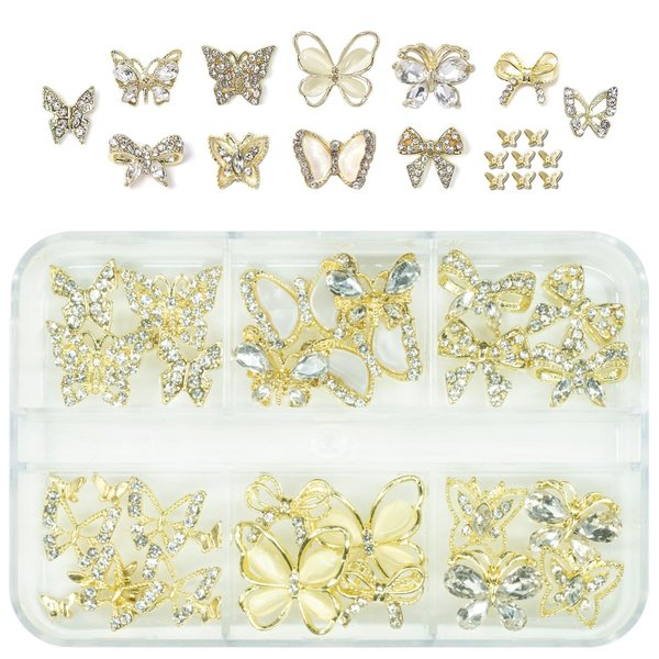 qiipii 32 Pcs Butterfly Nail Charms Gold Butterflies Charms for Nails Bow Nail Crystals Diamonds Rhinestones 3D Alloy Luxury Nail Gems Cute Nail Art Supplies for Acrylic Nails Decoration Crafts DIY