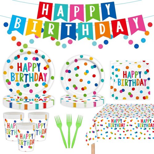 128Pcs Birthday Party Supplies, Colorful Dots Birthday Tableware sets, Includes: Happy Birthday Plates and Napkins, Cups, Tablecloth, and Banner, Birthday Decorations for Boys and Girls, Serves 25