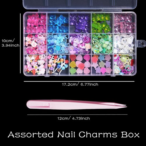 CESUSME 3D Nail Charms Assorted Mix Bear Cartoon Pink Blue White Nail Charms Lollipop Color Flower Butterfly Bowknots Heart Pearls Candy Cute Nail Charms for Nail Art DIY Accessories