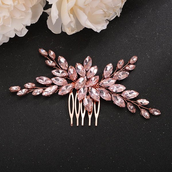 Teyglen Women Pink Crystal Hair Comb Bride Wedding Rhinestone Hair Comb Bridal Hair Accessories for Bride Wedding Rhinestone Headpiece Crystal Hair Piece for Women Girls (Pink)