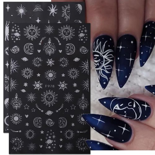 8 Sheets Metallic Silver Stars Nail Stickers 3D Sun Star Nail Decals Holographic Sun Stars Moon Starlight Glitter Gold Silver Designs DIY Luxury Manicure Sliders Decorations for Women Girls