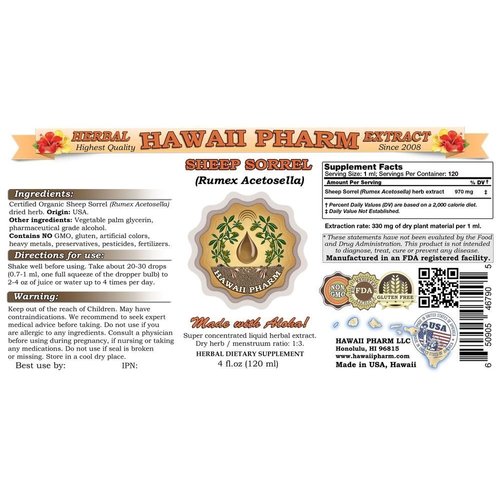 HawaiiPharm Sheep Sorrel Liquid Extract, Organic Sheep Sorrel (Rumex acetosella) Tincture, Herbal Supplement, Made in USA, 2 fl.oz