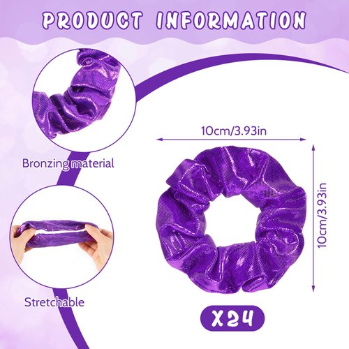 Taiyin 24 Pieces Shiny Metallic Scrunchie Solid Scrunchies Hair Ties Hair Elastics Accessories Elastic Hair Band for Women Girls Gym Dance Cheerleading Softball Volleyball Baseball Team(Purple)