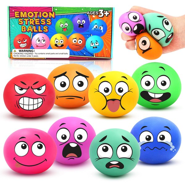 Stress Ball Fidget Squishy Toy: Emotion Sensory Dough Balls for Kids Adults - 8Pack Squeeze Ball Anxiety Stress Relaxation Bulk for Hand Therapy, Classroom prizes Goodie Bags Pinata