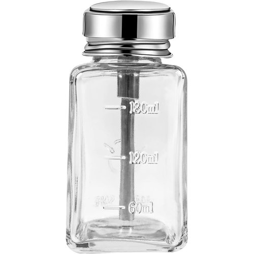 Clear Pump Dispenser Bottle with Metal Flip Cover,6 Oz/ 180 ml Glass Nail Polish Remover Push Down Dispenser Bottle,Refillable Push Down Pump Dispenser Press Container for Makeup Remover
