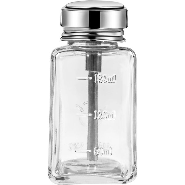Clear Pump Dispenser Bottle with Metal Flip Cover,6 Oz/ 180 ml Glass Nail Polish Remover Push Down Dispenser Bottle,Refillable Push Down Pump Dispenser Press Container for Makeup Remover