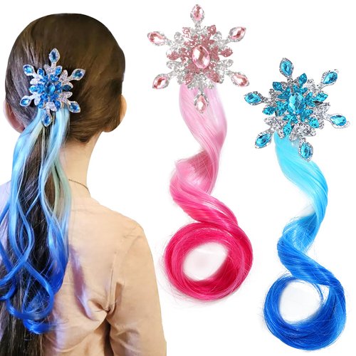 2 Pcs Colored Hair Extensions for Kids Snowflake Hair Clips Rainbow Curly Hair Extensions Rhinestone Braided Ponytails Gradient Hair Accessories for Little Girl Toddler Women Cosplay Dress Up