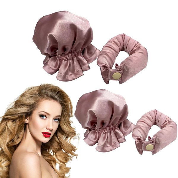 Satin Heatless Hair Curlers with Hair Caps, Soft Overnight Curling Rod Headband for Long Hair, DIY Hairstyling Tools (4 PCS Pink)