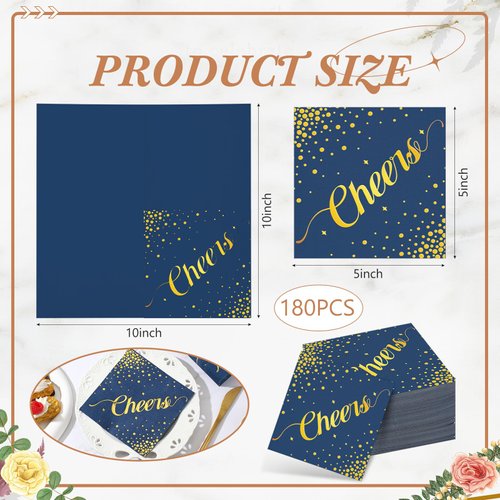 Geelin 180 Pieces Cheers Napkins Gold Napkins Cocktail Napkins for Wedding Reception Beverage Paper Napkins Disposable Bar Napkins for Engagement Party Graduation Baby Shower, 5 x 5 Inch (Navy Blue)