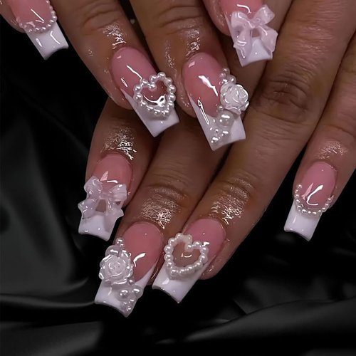 Mkwntg French Tip Press on Nails Medium Square Fake Nails Full Cover Coffin False Nails with 3D Bow Flower Design Glossy White French Tip Stick on Nails Rose Pearl Acrylic Nails for Women Girls 24Pcs