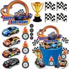 24PCS Race Car Happy Birthday Cake Decoration Race Car Cake Toppers Checkered Flag Themed Cake Decoration Race Car Themed Birthday Party Supplies Boy and Girl Cake Decoration