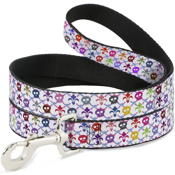 Buckle-Down Pet Leash - Skull & Fleur-de-Lis White/Multi Color - 4 Feet Long - 1" Wide
