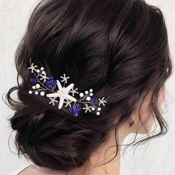 Kesvb Starfish Wedding Hair Vine Blue Crystal Bridal Headpiece Beach Wedding Hair Accessories for Women and Girls