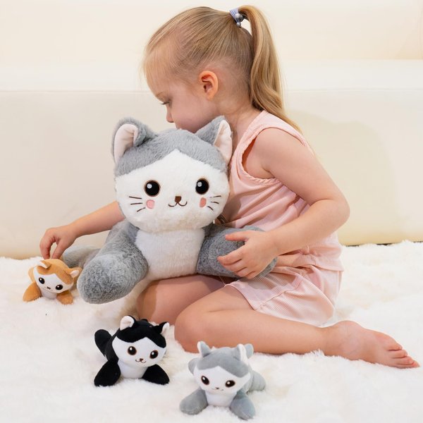 GADXV Cat Stuffed Animal, Stuffed Cat with Baby Inside, Mommy Cat Stuffed Animal with Babies Set, Cat Plush Gifts for Kids, Boys on Christmas, Birthday 20in