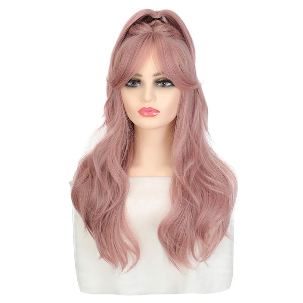 Soulwigger 24" Wavy Curly High Ponytail Wig With Bangs For Girls Women Daily Use Hair Replacement Wigs Natural Looking Colorful Costume Wigs Pastel Pink