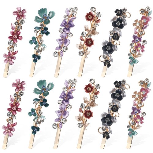 FRCOLOR Floral Decorative Alligator Hair Clips 12Pcs Colorful Vintage Flower Design Metal Alligator Hair Clips Metal Blooming Floral Hair Barrettes for Women