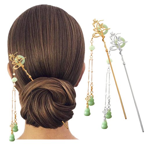 2PCS Chinese Style Retro Tassel Hairpin, Pearl Peace Fortune Colored Glass Tassel Hair Accessories Hair Sticks Plate Hair Fork for Hanfu Cheongsam 013-2pcs
